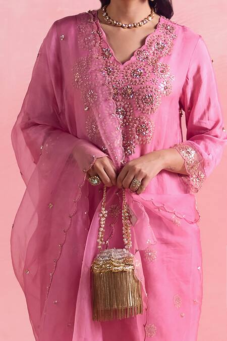One Not Two Pink Silk, Organza, Cotton, Satin Crystals Flared A-line Kurta And Pant Set Online at Aza Fashions One Not Two_Pink Silk, Organza, Cotton, Satin Crystals Flared A-line Kurta And Pant Set _Online_at_Aza_Fashions