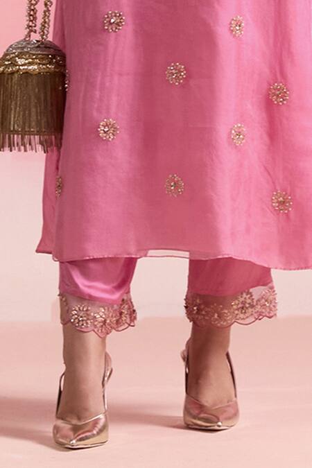 Shop One Not Two Pink Silk, Organza, Cotton, Satin Crystals Flared A-line Kurta And Pant Set Online at Aza Fashions Shop_One Not Two_Pink Silk, Organza, Cotton, Satin Crystals Flared A-line Kurta And Pant Set _Online_at_Aza_Fashions
