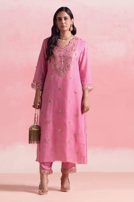 One Not Two Pink Silk, Organza, Cotton, Satin Crystals Flared A-line Kurta And Pant Set at Aza Fashions One Not Two_Pink Silk, Organza, Cotton, Satin Crystals Flared A-line Kurta And Pant Set _at_Aza_Fashions