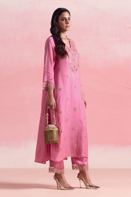 Buy One Not Two Pink Silk, Organza, Cotton, Satin Crystals Flared A-line Kurta And Pant Set Buy_One Not Two_Pink Silk, Organza, Cotton, Satin Crystals Flared A-line Kurta And Pant Set