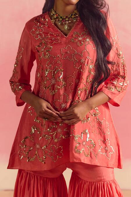 One Not Two Coral Silk, Cotton Embroidery, Sequins, Crystals, Beads Short Kurta With Gharara Online at Aza Fashions One Not Two_Coral Silk, Cotton Embroidery, Sequins, Crystals, Beads Short Kurta With Gharara _Online_at_Aza_Fashions