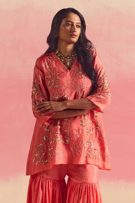 Buy One Not Two Coral Silk, Cotton Embroidery, Sequins, Crystals, Beads Short Kurta With Gharara Online at Aza Fashions Buy_One Not Two_Coral Silk, Cotton Embroidery, Sequins, Crystals, Beads Short Kurta With Gharara _Online_at_Aza_Fashions