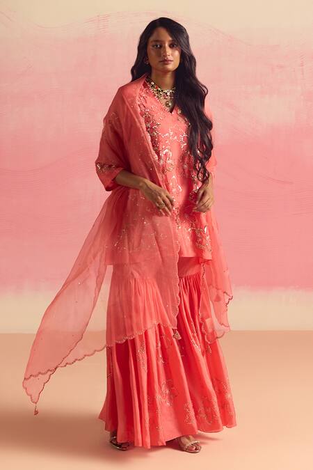 Shop One Not Two Coral Silk, Cotton Embroidery, Sequins, Crystals, Beads Short Kurta With Gharara Online at Aza Fashions Shop_One Not Two_Coral Silk, Cotton Embroidery, Sequins, Crystals, Beads Short Kurta With Gharara _Online_at_Aza_Fashions
