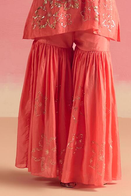 One Not Two Coral Silk, Cotton Embroidery, Sequins, Crystals, Beads Short Kurta With Gharara at Aza Fashions One Not Two_Coral Silk, Cotton Embroidery, Sequins, Crystals, Beads Short Kurta With Gharara _at_Aza_Fashions