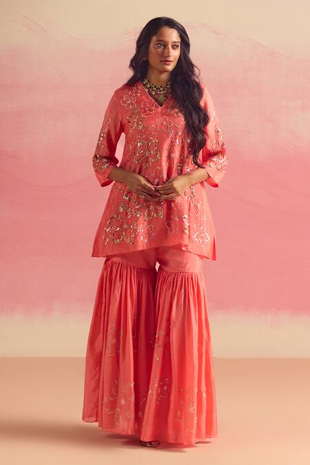 Buy One Not Two Coral Silk, Cotton Embroidery, Sequins, Crystals, Beads Short Kurta With Gharara Buy_One Not Two_Coral Silk, Cotton Embroidery, Sequins, Crystals, Beads Short Kurta With Gharara