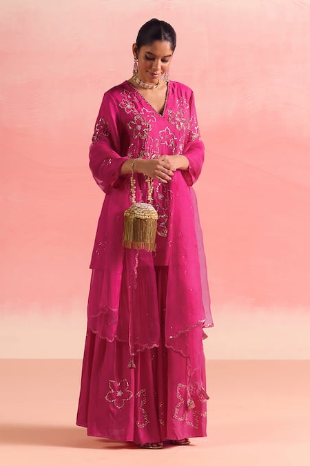 One Not Two Pink Kurta And Gharara Silk Embroidery Floral V-neck Sequins Short With 