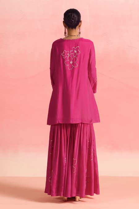 Shop One Not Two Pink Silk, Cotton Sequins, Crystals, Beads, Floral Short Kurta With Gharara at Aza Fashions Shop_One Not Two_Pink Silk, Cotton Sequins, Crystals, Beads, Floral Short Kurta With Gharara _at_Aza_Fashions