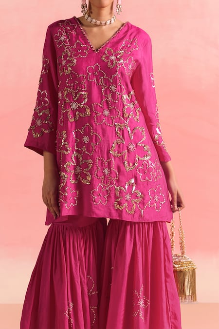 One Not Two Pink Silk, Cotton Sequins, Crystals, Beads, Floral Short Kurta With Gharara Online at Aza Fashions One Not Two_Pink Silk, Cotton Sequins, Crystals, Beads, Floral Short Kurta With Gharara _Online_at_Aza_Fashions