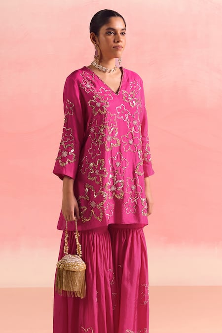 Buy One Not Two Pink Silk, Cotton Sequins, Crystals, Beads, Floral Short Kurta With Gharara Online at Aza Fashions Buy_One Not Two_Pink Silk, Cotton Sequins, Crystals, Beads, Floral Short Kurta With Gharara _Online_at_Aza_Fashions