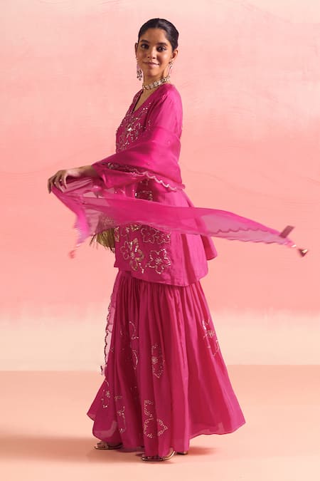 Shop One Not Two Pink Silk, Cotton Sequins, Crystals, Beads, Floral Short Kurta With Gharara Online at Aza Fashions Shop_One Not Two_Pink Silk, Cotton Sequins, Crystals, Beads, Floral Short Kurta With Gharara _Online_at_Aza_Fashions