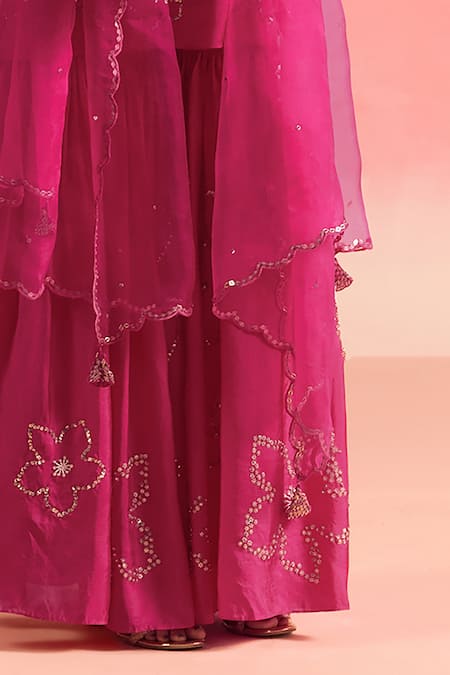 One Not Two Pink Silk, Cotton Sequins, Crystals, Beads, Floral Short Kurta With Gharara at Aza Fashions One Not Two_Pink Silk, Cotton Sequins, Crystals, Beads, Floral Short Kurta With Gharara _at_Aza_Fashions