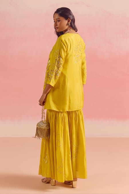 Shop_One Not Two_Yellow Silk, Cotton Embroidery, Sequins, Floral Short Kurta With Gharara _at_Aza_Fashions