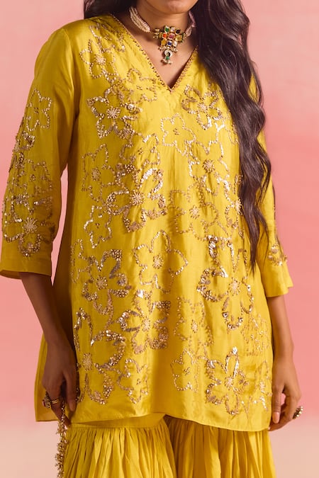 One Not Two_Yellow Silk, Cotton Embroidery, Sequins, Floral Short Kurta With Gharara _Online_at_Aza_Fashions