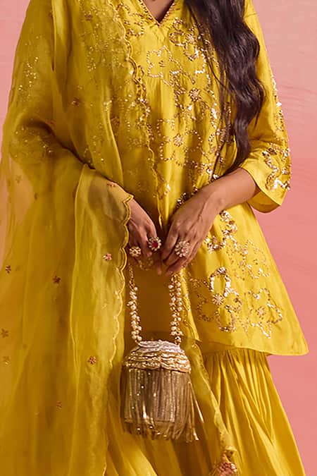 Buy_One Not Two_Yellow Silk, Cotton Embroidery, Sequins, Floral Short Kurta With Gharara _Online_at_Aza_Fashions