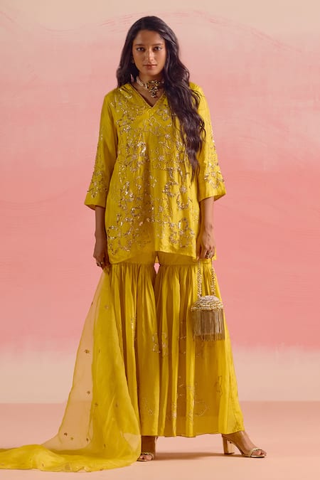 Shop_One Not Two_Yellow Silk, Cotton Embroidery, Sequins, Floral Short Kurta With Gharara _Online_at_Aza_Fashions