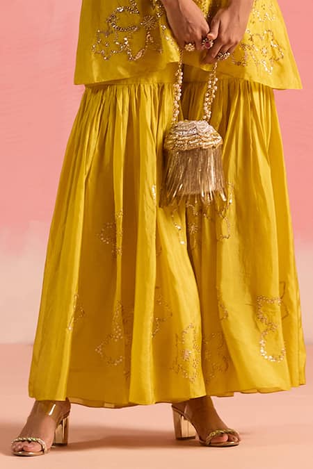 One Not Two_Yellow Silk, Cotton Embroidery, Sequins, Floral Short Kurta With Gharara _at_Aza_Fashions