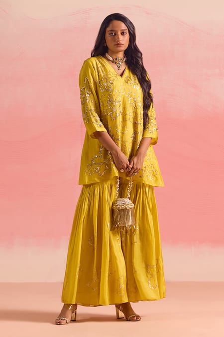 Buy_One Not Two_Yellow Silk, Cotton Embroidery, Sequins, Floral Short Kurta With Gharara 
