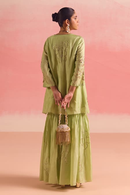 Shop One Not Two Green Silk, Cotton Embroidery, Sequins, Floral Short Kurta With Gharara at Aza Fashions Shop_One Not Two_Green Silk, Cotton Embroidery, Sequins, Floral Short Kurta With Gharara _at_Aza_Fashions