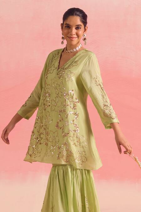One Not Two Green Silk, Cotton Embroidery, Sequins, Floral Short Kurta With Gharara Online at Aza Fashions One Not Two_Green Silk, Cotton Embroidery, Sequins, Floral Short Kurta With Gharara _Online_at_Aza_Fashions
