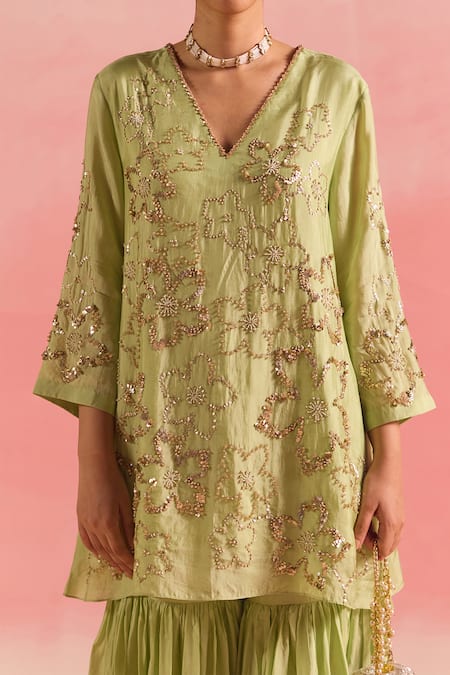 Buy One Not Two Green Silk, Cotton Embroidery, Sequins, Floral Short Kurta With Gharara Online at Aza Fashions Buy_One Not Two_Green Silk, Cotton Embroidery, Sequins, Floral Short Kurta With Gharara _Online_at_Aza_Fashions