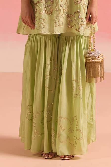 Shop One Not Two Green Silk, Cotton Embroidery, Sequins, Floral Short Kurta With Gharara Online at Aza Fashions Shop_One Not Two_Green Silk, Cotton Embroidery, Sequins, Floral Short Kurta With Gharara _Online_at_Aza_Fashions