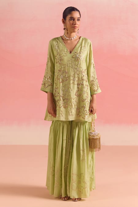 One Not Two Green Silk, Cotton Embroidery, Sequins, Floral Short Kurta With Gharara at Aza Fashions One Not Two_Green Silk, Cotton Embroidery, Sequins, Floral Short Kurta With Gharara _at_Aza_Fashions