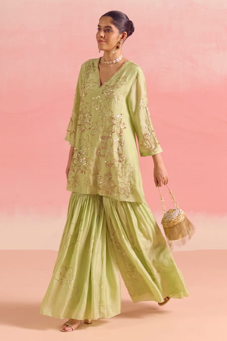 Buy One Not Two Green Silk, Cotton Embroidery, Sequins, Floral Short Kurta With Gharara Buy_One Not Two_Green Silk, Cotton Embroidery, Sequins, Floral Short Kurta With Gharara