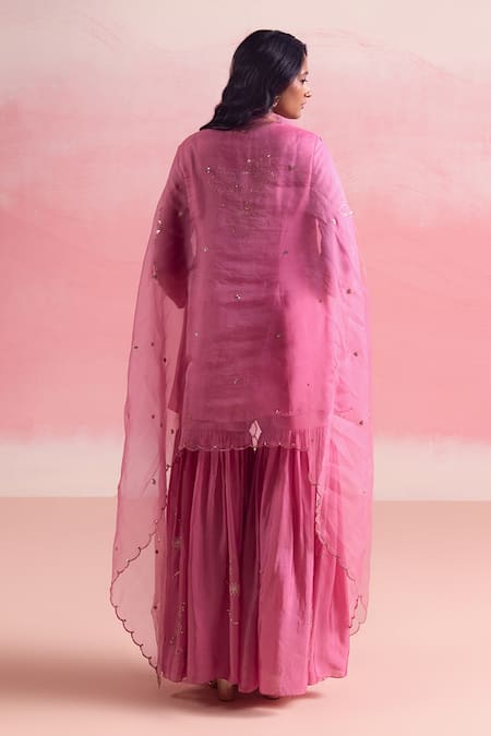 Shop One Not Two Pink Silk, Cotton Sequins, Crystals, Floral Motif Short Kurta With Gharara at Aza Fashions Shop_One Not Two_Pink Silk, Cotton Sequins, Crystals, Floral Motif Short Kurta With Gharara _at_Aza_Fashions