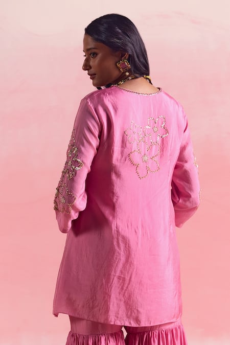 One Not Two Pink Silk, Cotton Sequins, Crystals, Floral Motif Short Kurta With Gharara Online at Aza Fashions One Not Two_Pink Silk, Cotton Sequins, Crystals, Floral Motif Short Kurta With Gharara _Online_at_Aza_Fashions