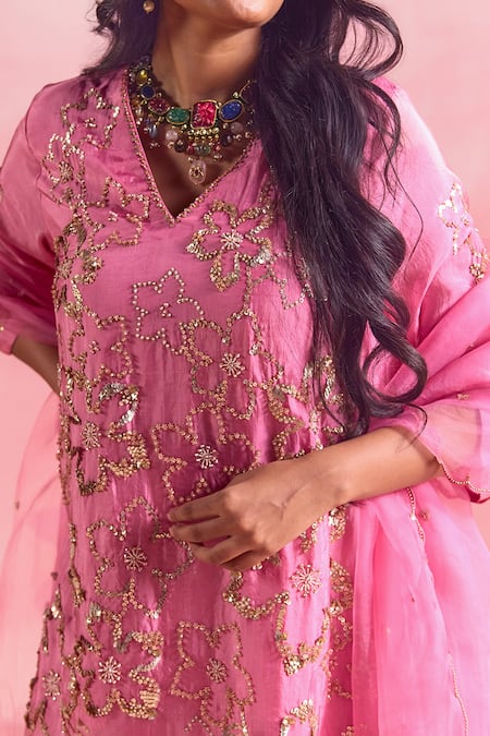 Buy One Not Two Pink Silk, Cotton Sequins, Crystals, Floral Motif Short Kurta With Gharara Online at Aza Fashions Buy_One Not Two_Pink Silk, Cotton Sequins, Crystals, Floral Motif Short Kurta With Gharara _Online_at_Aza_Fashions