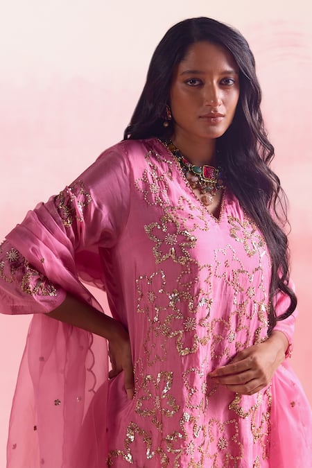 Shop One Not Two Pink Silk, Cotton Sequins, Crystals, Floral Motif Short Kurta With Gharara Online at Aza Fashions Shop_One Not Two_Pink Silk, Cotton Sequins, Crystals, Floral Motif Short Kurta With Gharara _Online_at_Aza_Fashions