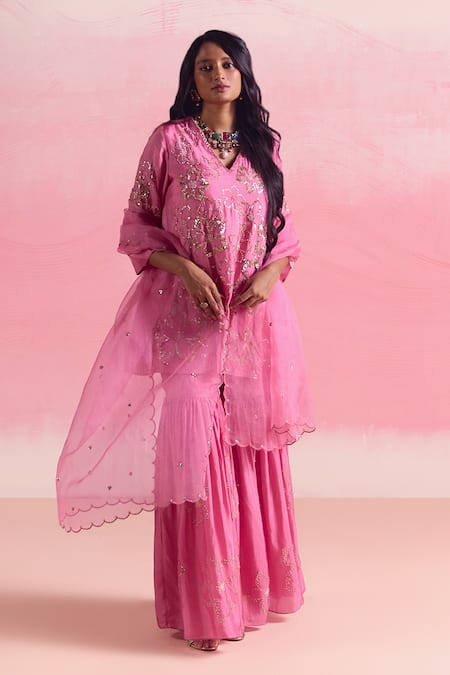 Buy One Not Two Pink Silk, Cotton Sequins, Crystals, Floral Motif Short Kurta With Gharara Buy_One Not Two_Pink Silk, Cotton Sequins, Crystals, Floral Motif Short Kurta With Gharara