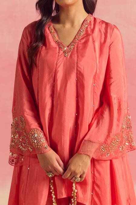 One Not Two Coral Silk, Cotton, Satin Sequins, Stones Embroidered Panelled Kurta And Pant Set Online at Aza Fashions One Not Two_Coral Silk, Cotton, Satin Sequins, Stones Embroidered Panelled Kurta And Pant Set _Online_at_Aza_Fashions