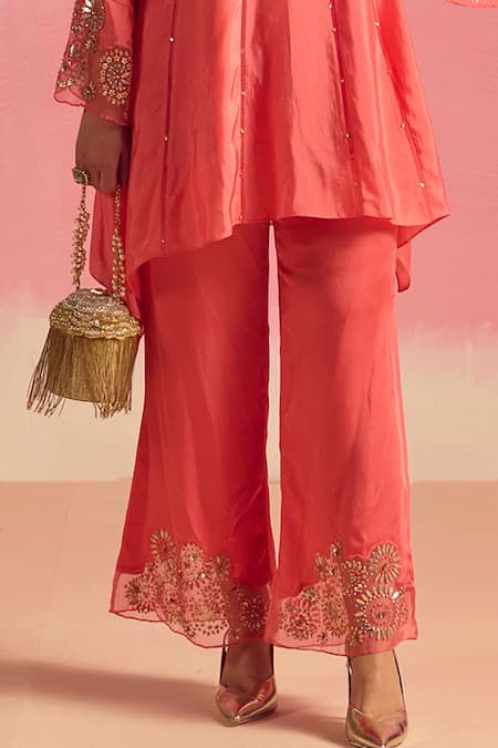 Buy One Not Two Coral Silk, Cotton, Satin Sequins, Stones Embroidered Panelled Kurta And Pant Set Online at Aza Fashions Buy_One Not Two_Coral Silk, Cotton, Satin Sequins, Stones Embroidered Panelled Kurta And Pant Set _Online_at_Aza_Fashions