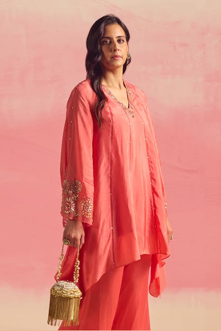 Shop One Not Two Coral Silk, Cotton, Satin Sequins, Stones Embroidered Panelled Kurta And Pant Set Online at Aza Fashions Shop_One Not Two_Coral Silk, Cotton, Satin Sequins, Stones Embroidered Panelled Kurta And Pant Set _Online_at_Aza_Fashions