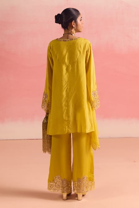 Shop One Not Two Yellow Silk, Cotton, Satin Sequins, Crystals, Mango Panelled Kurta And Pant Set at Aza Fashions Shop_One Not Two_Yellow Silk, Cotton, Satin Sequins, Crystals, Mango Panelled Kurta And Pant Set _at_Aza_Fashions
