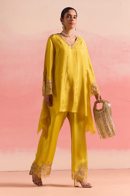 One Not Two Yellow Silk, Cotton, Satin Sequins, Crystals, Mango Panelled Kurta And Pant Set Online at Aza Fashions One Not Two_Yellow Silk, Cotton, Satin Sequins, Crystals, Mango Panelled Kurta And Pant Set _Online_at_Aza_Fashions