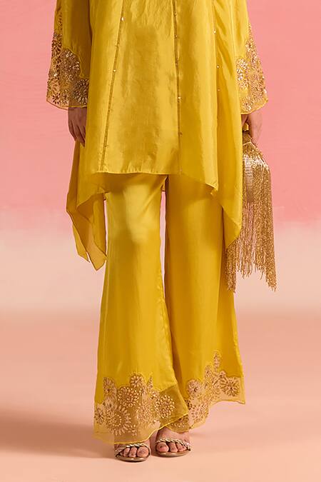 Shop One Not Two Yellow Silk, Cotton, Satin Sequins, Crystals, Mango Panelled Kurta And Pant Set Online at Aza Fashions Shop_One Not Two_Yellow Silk, Cotton, Satin Sequins, Crystals, Mango Panelled Kurta And Pant Set _Online_at_Aza_Fashions