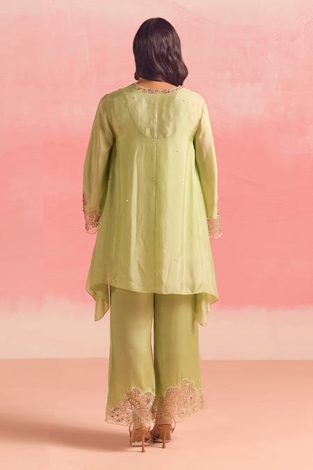 Shop One Not Two Green Silk, Cotton, Satin Sequins, Embroidered Panelled Kurta And Pant Set at Aza Fashions Shop_One Not Two_Green Silk, Cotton, Satin Sequins, Embroidered Panelled Kurta And Pant Set _at_Aza_Fashions