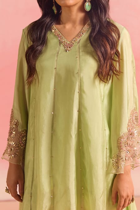 One Not Two Green Silk, Cotton, Satin Sequins, Embroidered Panelled Kurta And Pant Set Online at Aza Fashions One Not Two_Green Silk, Cotton, Satin Sequins, Embroidered Panelled Kurta And Pant Set _Online_at_Aza_Fashions