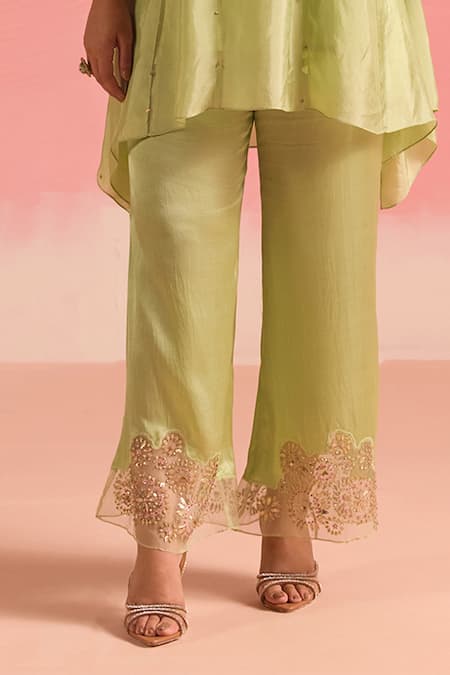 Shop One Not Two Green Silk, Cotton, Satin Sequins, Embroidered Panelled Kurta And Pant Set Online at Aza Fashions Shop_One Not Two_Green Silk, Cotton, Satin Sequins, Embroidered Panelled Kurta And Pant Set _Online_at_Aza_Fashions