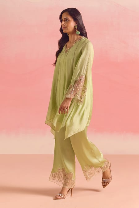 One Not Two Green Silk, Cotton, Satin Sequins, Embroidered Panelled Kurta And Pant Set at Aza Fashions One Not Two_Green Silk, Cotton, Satin Sequins, Embroidered Panelled Kurta And Pant Set _at_Aza_Fashions