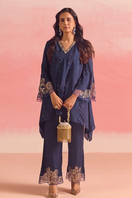 One Not Two Blue Kurta Silk Embroidery Stones V-neck Sequins Asymmetric And Pant Set 