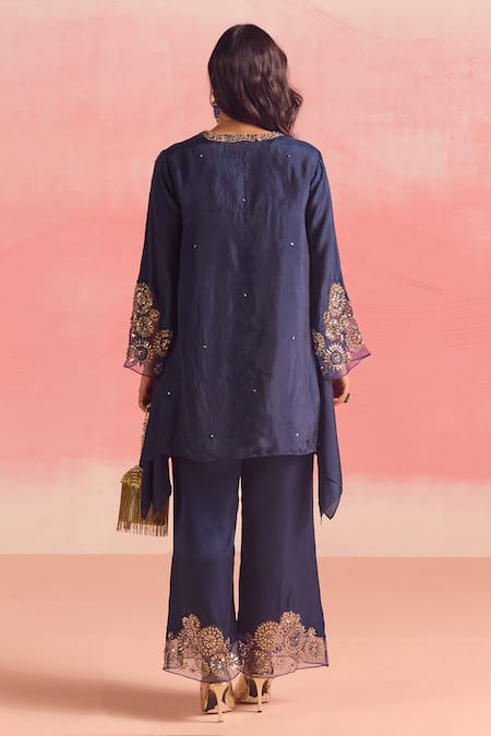 Shop One Not Two Blue Silk, Cotton, Satin Sequins, Crystals, Stones, Asymmetric Kurta And Pant Set at Aza Fashions Shop_One Not Two_Blue Silk, Cotton, Satin Sequins, Crystals, Stones, Asymmetric Kurta And Pant Set _at_Aza_Fashions