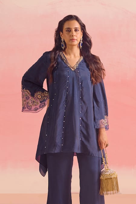 Buy One Not Two Blue Silk, Cotton, Satin Sequins, Crystals, Stones, Asymmetric Kurta And Pant Set Online at Aza Fashions Buy_One Not Two_Blue Silk, Cotton, Satin Sequins, Crystals, Stones, Asymmetric Kurta And Pant Set _Online_at_Aza_Fashions