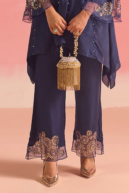 Shop One Not Two Blue Silk, Cotton, Satin Sequins, Crystals, Stones, Asymmetric Kurta And Pant Set Online at Aza Fashions Shop_One Not Two_Blue Silk, Cotton, Satin Sequins, Crystals, Stones, Asymmetric Kurta And Pant Set _Online_at_Aza_Fashions
