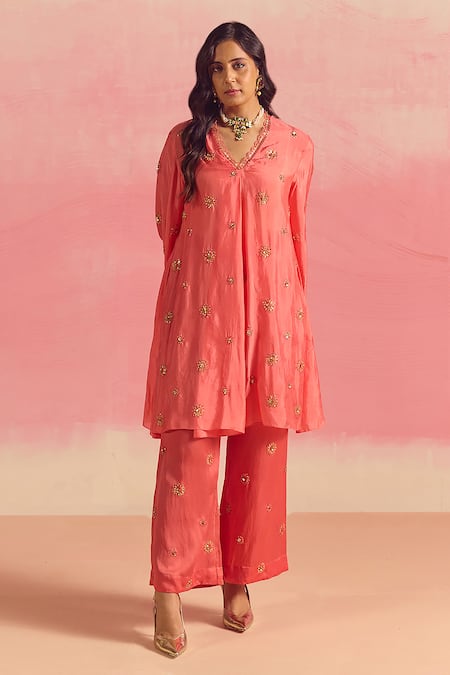 One Not Two Buti Embroidered Pleated Yoke Kurta & Pant Set 