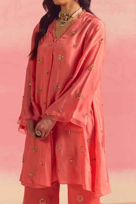 One Not Two Coral Silk, Cotton, Satin Buti Embroidered Pleated Yoke Kurta And Pant Set Online at Aza Fashions One Not Two_Coral Silk, Cotton, Satin Buti Embroidered Pleated Yoke Kurta And Pant Set _Online_at_Aza_Fashions