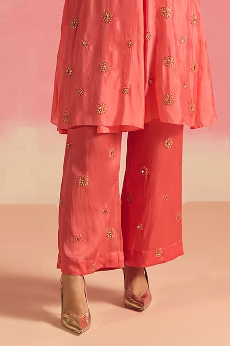 Buy One Not Two Coral Silk, Cotton, Satin Buti Embroidered Pleated Yoke Kurta And Pant Set Online at Aza Fashions Buy_One Not Two_Coral Silk, Cotton, Satin Buti Embroidered Pleated Yoke Kurta And Pant Set _Online_at_Aza_Fashions