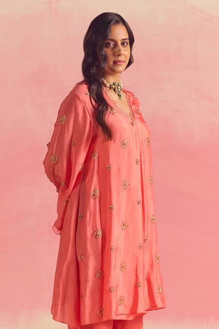 Shop One Not Two Coral Silk, Cotton, Satin Buti Embroidered Pleated Yoke Kurta And Pant Set Online at Aza Fashions Shop_One Not Two_Coral Silk, Cotton, Satin Buti Embroidered Pleated Yoke Kurta And Pant Set _Online_at_Aza_Fashions